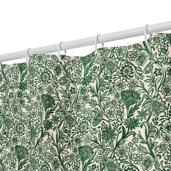 Vintage Botanical Shower Curtain – Olive Green Floral Design for Nature Lovers