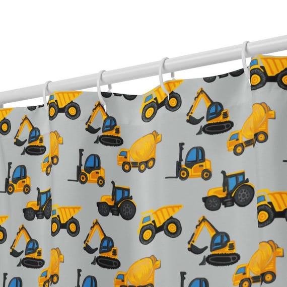 Construction Truck Shower Curtain, Kids Bathroom Decor, Yellow Excavator Dump Truck Bath, Boys Room Theme