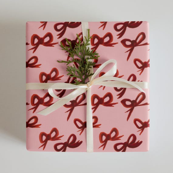 Red Bows Gift Wrap Sheets, Hand-Drawn Christmas Coquette, Set of 3