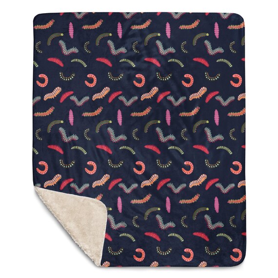 Caterpillar Blanket / Cute Caterpillar Design on a Navy Blue Comfy Sherpa Blanket