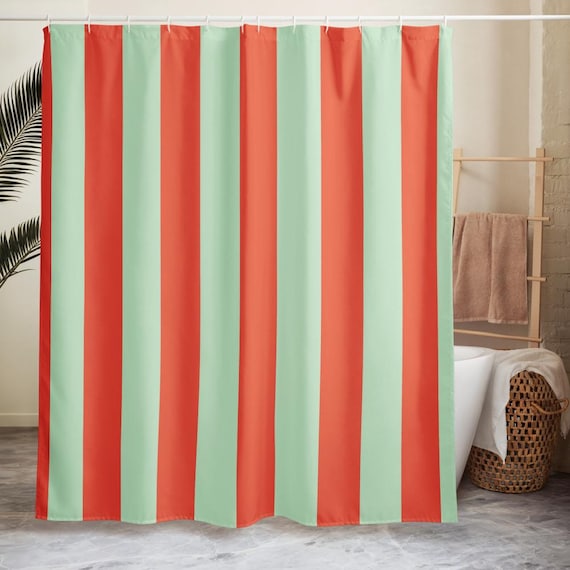 Orange and Mint Green Striped Shower curtain