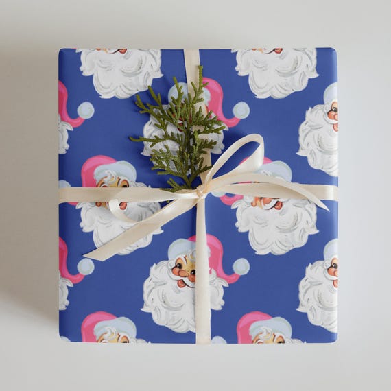 Vintage Santa Wrapping Paper: Pink Santa Hat, Blue Background (Set of 3 Sheets)
