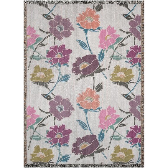 Floral Woven Cotton Blanket: Decorative Throw with Fringed Edges