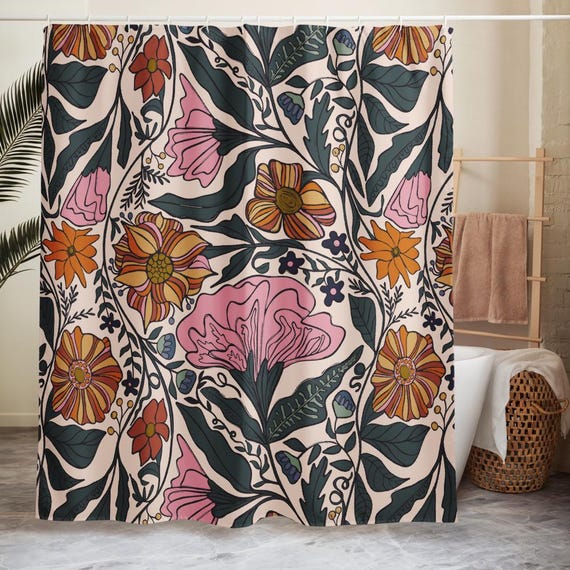 Floral Shower Curtain, Pretty Pink and Gold Flowers, Block Print Design, Vintage Revival Bath Decor