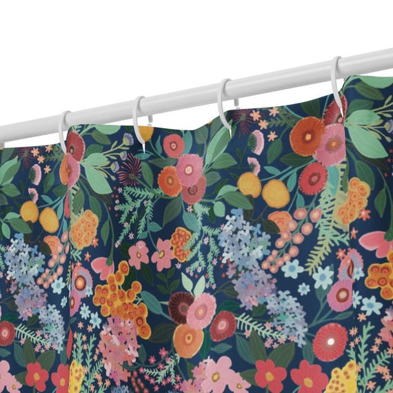 Teal Floral Shower Curtain, Bold Colorful Bathroom Decor, Maximalist Flower Bath, Vibrant Home Style