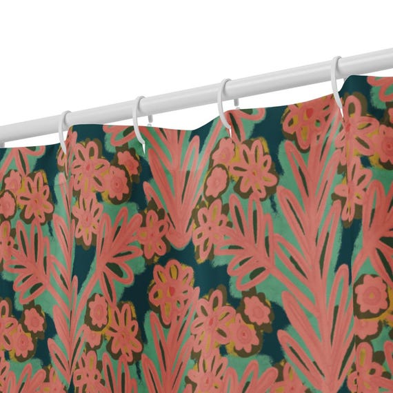 Emerald & Peach Floral Shower Curtain: Botanical Design