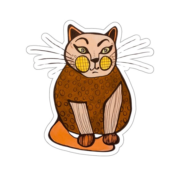 Hand-Drawn Cat Sticker: Brown Beige Vinyl Decal