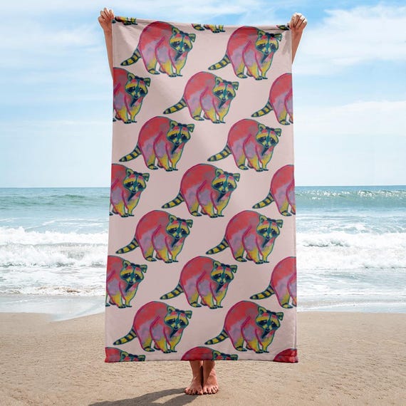 Pink Raccoon Beach Towel by Jrouxart
