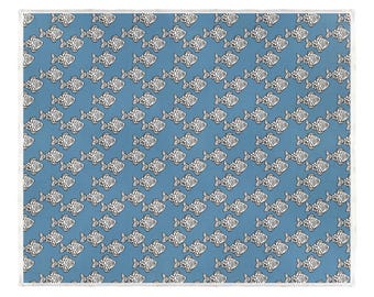 Fish Print Bed Coverlet, Nautical Ocean Fish Design Lightweight Bedspread, Artist Bedroom Layering
