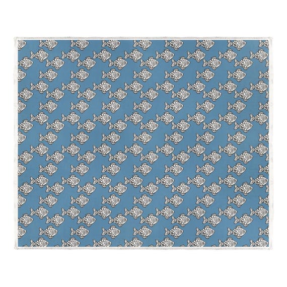 Fish Print Bed Coverlet, Nautical Ocean Fish Design Lightweight Bedspread, Artist Bedroom Layering