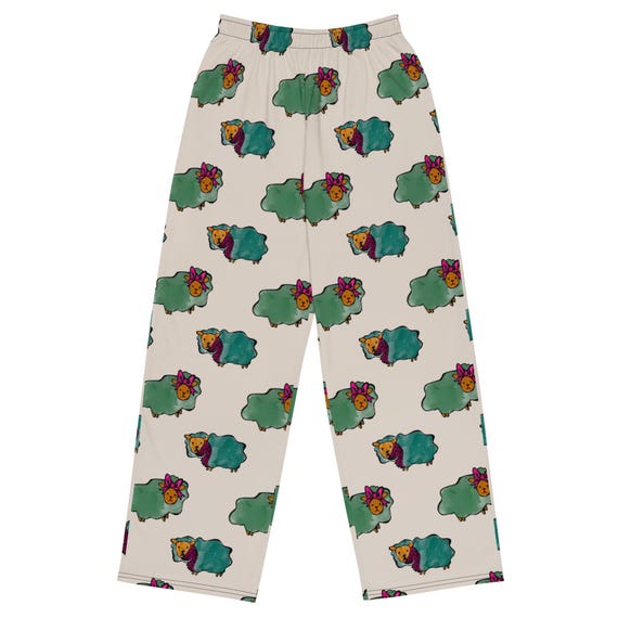 Green Sheep Pajama Pants, Unisex Wide-Leg Lounge Pants