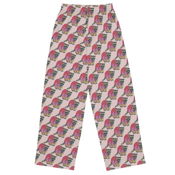 Raccoon Pajama Pants: Colorful Animal Print, Wide Leg Leisure Pants