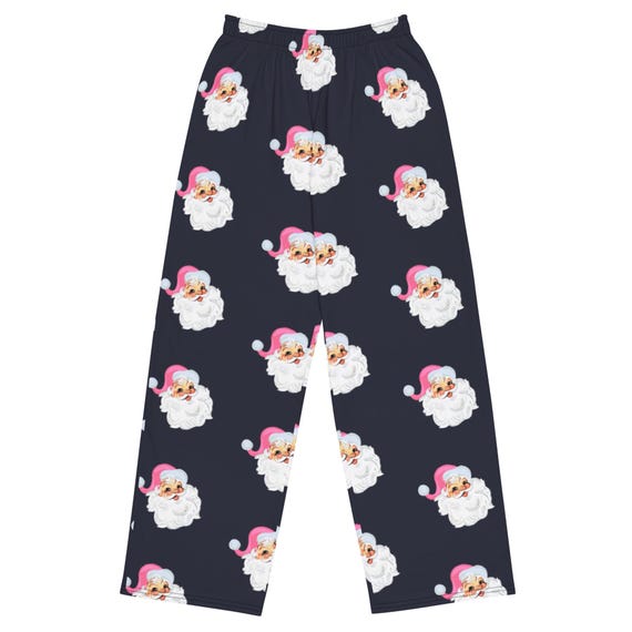 Vintage Christmas Lounge Pants: Black & Pink Santa Print, Unisex Wide-Leg