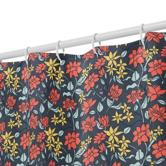 Linocut Floral Shower Curtain, Folk Art Bathroom Decor, Vintage Inspired Flower Bath, Boho Artistic Home