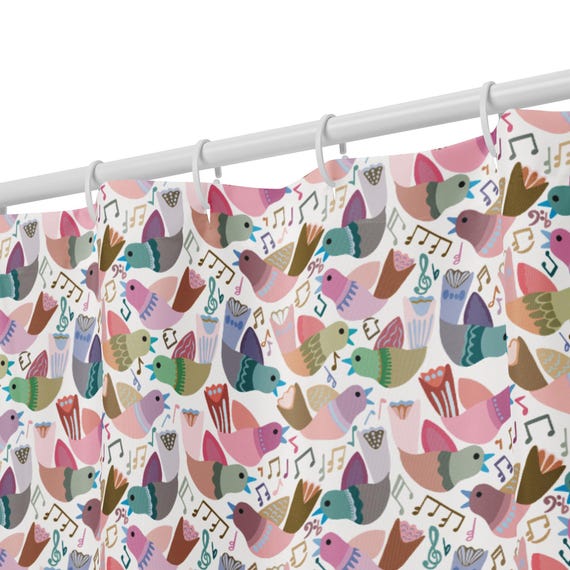 Song Bird Shower Curtain, Colorful Bird Bathroom Decor, Whimsical Nature Bath Curtain, Playful Creatures Collections