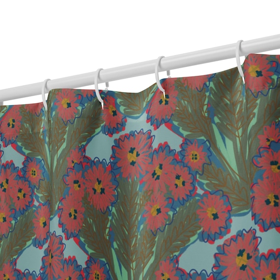 Hand-Drawn Floral Shower Curtain, Red Flower Bathroom Decor