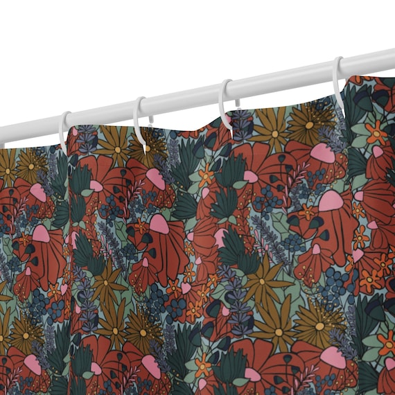Rust Orange Floral Shower curtain / Autumn Colors Orange and Blue Flowers Bath Decor