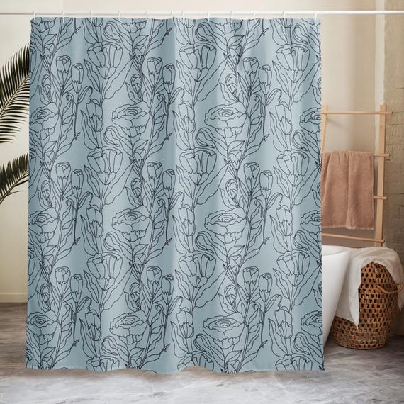 Spring Tulips Floral Shower Curtain / Linocut Flowers Blueish Grey