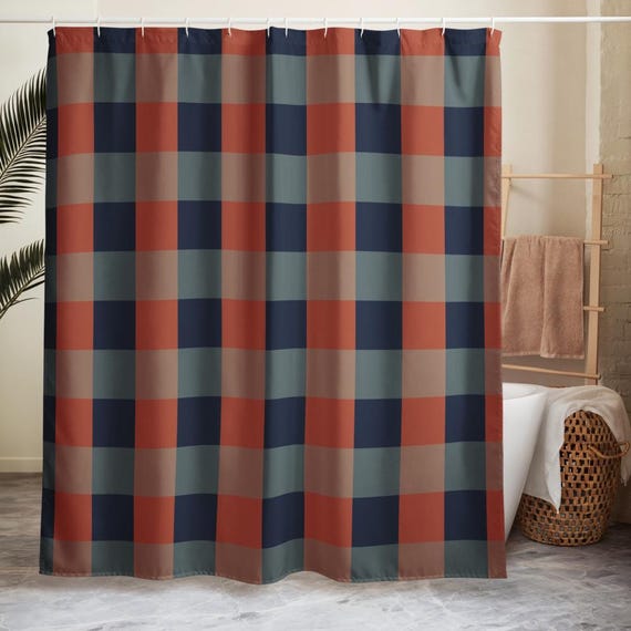 Blue and Orange Gingham Plaid Shower curtain