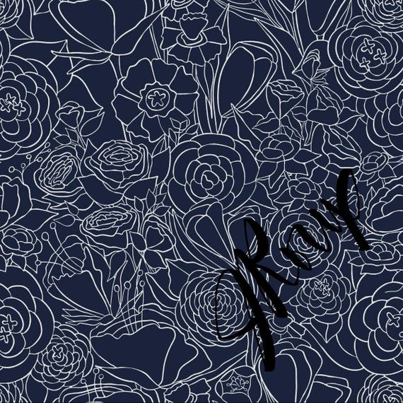 Navy Blue Duvet Cover Set – White Outline Floral Pattern, Soft Modern Bedding