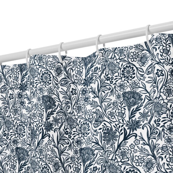 Modern Farmhouse Shower Curtain – Dark Blue and White Floral Print
