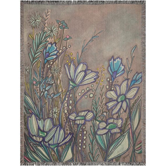 Artistic Woven Blanket / Silver And Blue Flower Field / Jrouxart Watercolor Painting As A Throw Blanket
