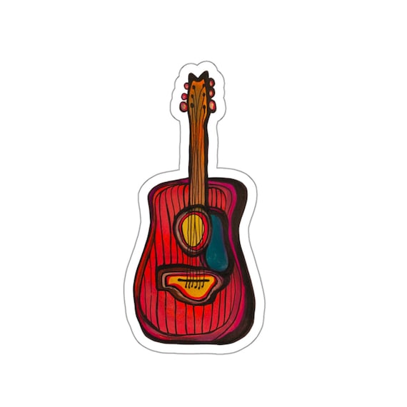 Red Acoustic Guitar Sticker: Waterproof Vinyl Decal