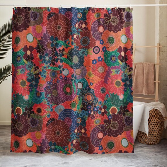 Bold Red Florals Shower curtain / Jrouxart Hand Drawn Flowers Red Plum Brick