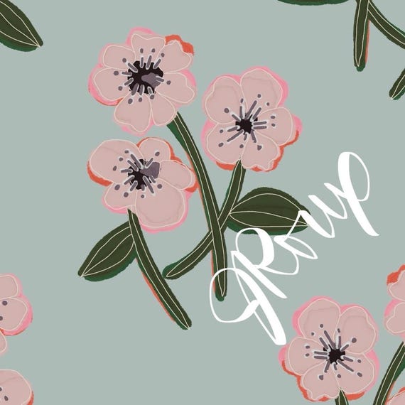 Pretty Pink Block Print Flowers on Sea Foam Green Duvet cover