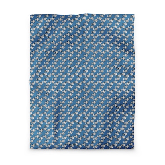 Blue Fish Duvet Cover, Nautical Ocean Art Print, Hand-Drawn Bedding