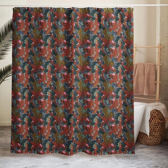 Rust Orange Floral Shower curtain / Autumn Colors Orange and Blue Flowers Bath Decor