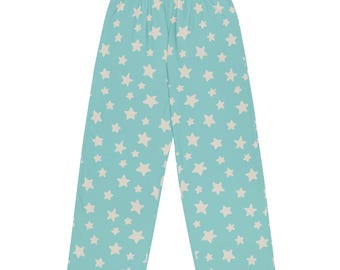 Aqua Blue Star Pajama Pants, Celestial Sleep Pants, Cute Unisex Lounge Pants, Cozy Star Print Pajama Bottoms, Gift for Star Lovers