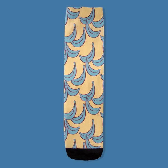 Blue Banana Socks, Fun Fruit Patterned Crew Socks, Novelty Pink And Yellow Design, Comfy Cotton Sock Pair, Cute Footwear Accessory