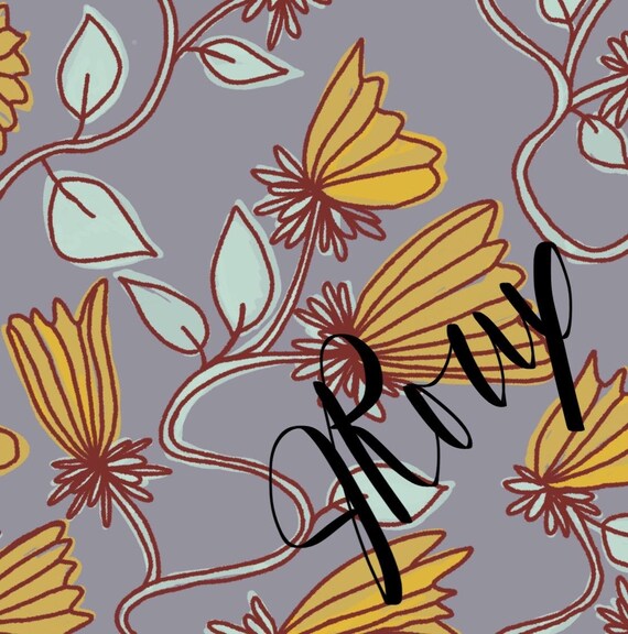 Floral Duvet Cover / Gold Blue Grey and Brick / Unique Handdrawn Flowers by Jrouxart