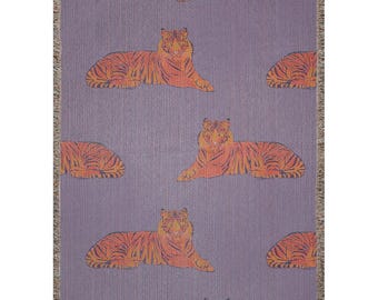 Tiger Woven Cotton Blanket | Purple & Orange Throw Blanket | Colorful Animal Tapestry | Original Art Home Decor