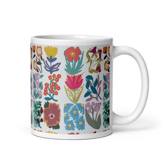Floral Patchwork / White Cermaic Mug / Flower Art by Jrouxart