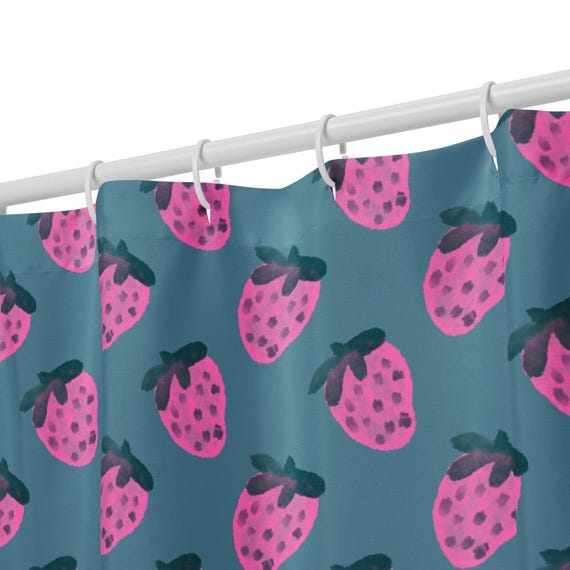 Pink Strawberry Shower Curtain / Strawberries On Slate Blue