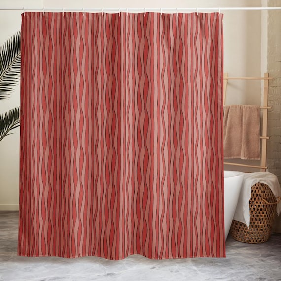 Wavy Stripe Shower Curtain, Retro Bathroom Decor, Bold Red Pattern Bath, Funky Modern Home Style