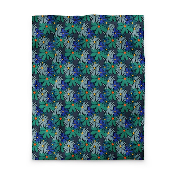Blue Flower Duvet Cover / Blue Aqua Green Floral Bedding