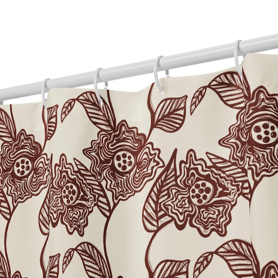 Boho Floral Shower Curtain, Neutral Botanical Bathroom Decor, Minimal Earth Tone Bath, Modern Organic Home