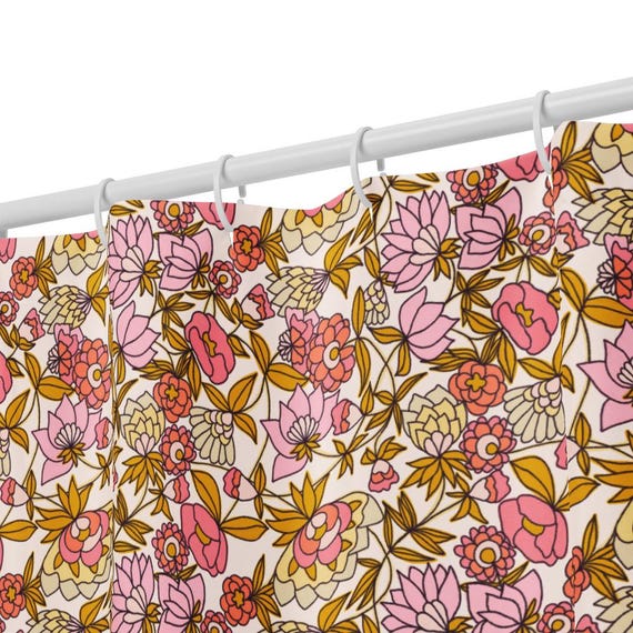 Floral Shower Curtain, Pink Gold Bathroom Decor, Boho Botanical Bath Curtain, Electric Garden Collection