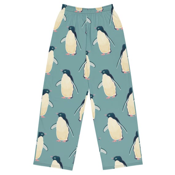 Penguin print casual pants / Sea foam blue unisex wide-leg pants