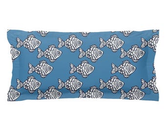 Fish Pillow Shams, Blue Fish Design Bed Pillows, Nautical Ocean Fish Themed Bedding