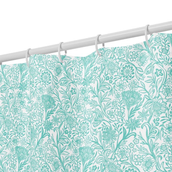 Turquoise Floral Shower Curtain, Boho Bathroom Decor, Soft Botanical Bath, Coastal Modern Home