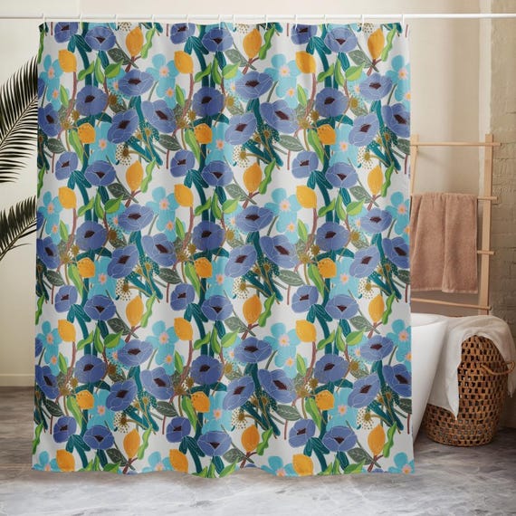 Blue Floral Shower curtain / Lemons and Periwinkle Flowers