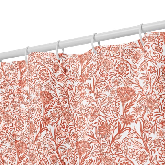 Contemporary Flower Shower Curtain – Cream and Orange Floral Print Bathroom Decor