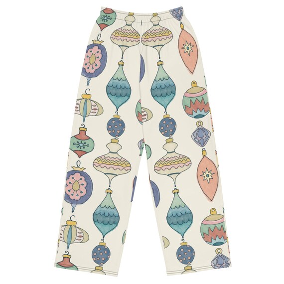 Christmas Lounge Pants: Womens Wide-Leg Pajama Pants / Hand Drawn Retro Ornaments