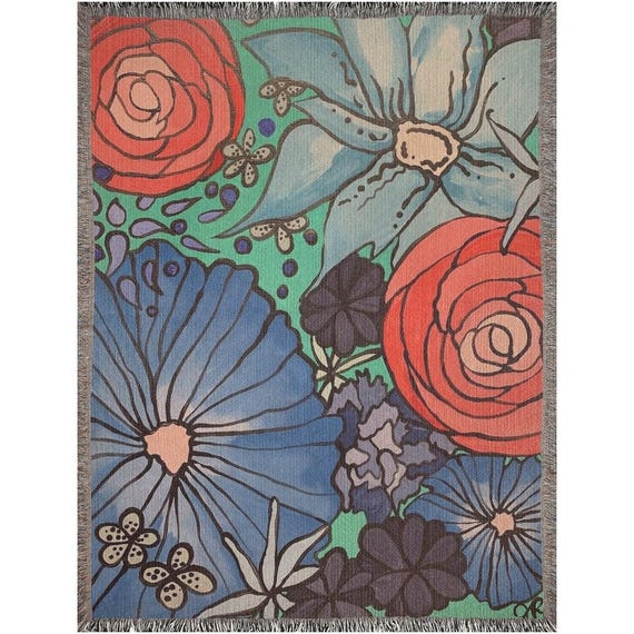 Artistic Woven Blanket / Red And Blue Flowers / Jrouxart Acrylic Painting As A Throw Blanket