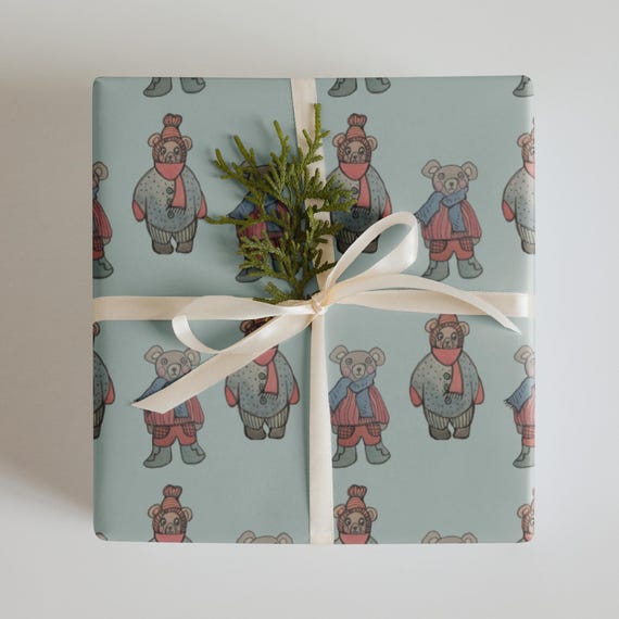 Cozy Winter Bears Gift Wrap / Christmas Bear Wrapping Paper Sheets