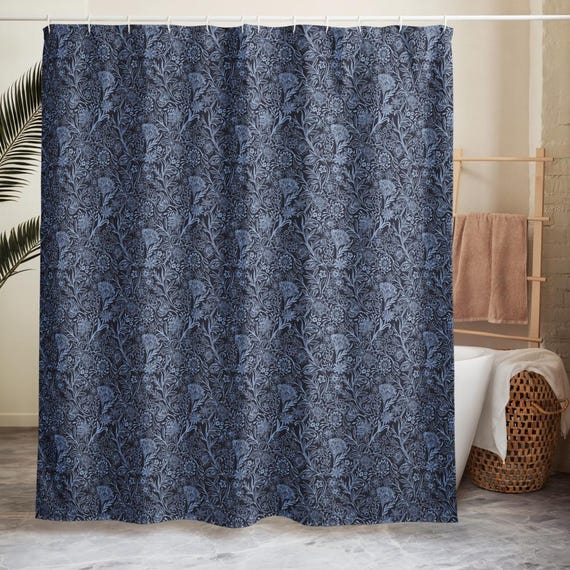Blue Floral Shower Curtain / Light Blue and Dark Blue Flower Design / Hand Drawn Floral Outline Block Print Style / Modern Shower Curta